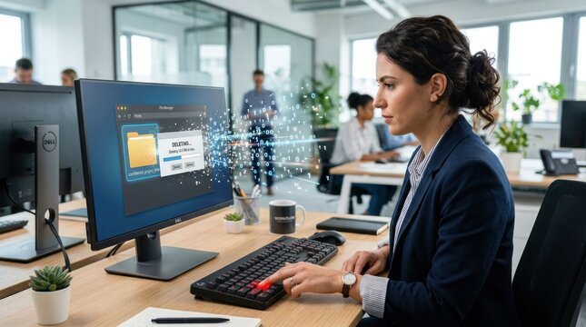 A businesswoman is intently focused on deleting files from her computer. She is sitting at a desk in a modern office setting, reviewing a folder on her screen.