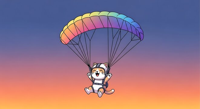 Adorable cartoon cat, secure in a harness, skydiving under a colorful parachute against a gradient sky. The cat's joyful expression shows exhilaration