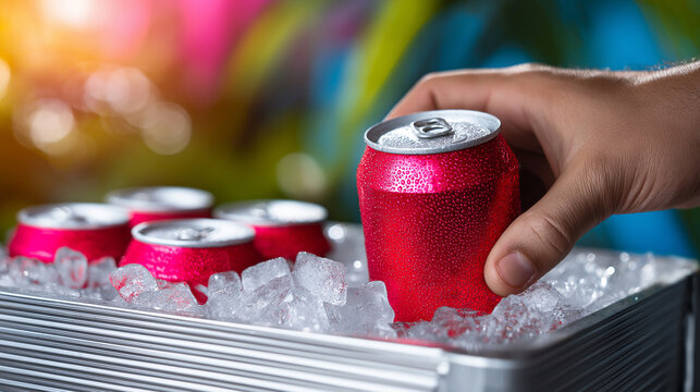 Hand picking red beverage can from ice box, symbolizing refreshment, summer drinks and consumer lifestyle.