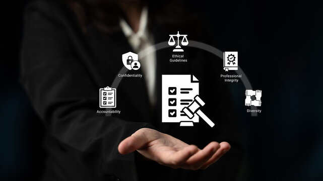 This image depicts important business concepts such as ethics and accountability, emphasizing the significance of confidentiality and diversity in a corporate setting. Ledger