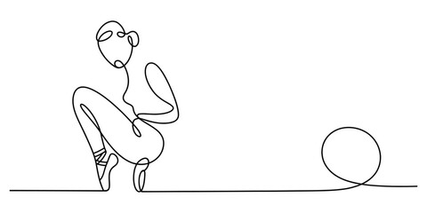 Minimalist continuous line drawing of a ballerina crouching in a graceful pose on a white background Vector, illustration © Rimi Kailash Arts