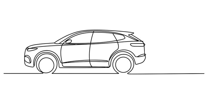 Minimalist one line drawing of a crossover suv vehicle profile on a white background Vector, illustration