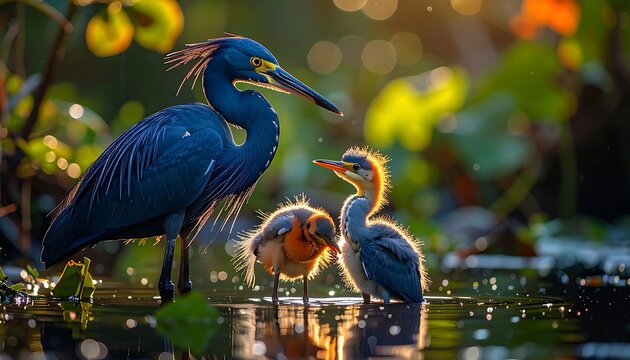 A blue heron stands in water with two chicks amid greenery, sunlight filtering through leaves in a bokeh effect
