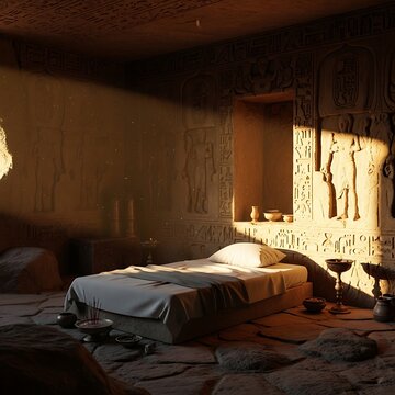 Ancient Egyptian bedroom interior with stone wall.