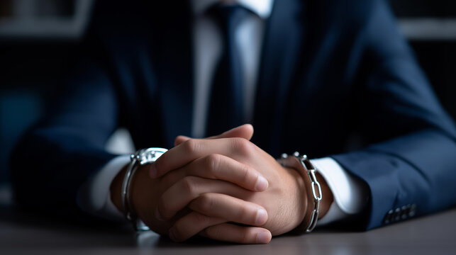 Businessman in suit with hands in handcuffs on desk, symbolizing white collar crime and legal consequences.