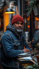 Obraz premium Man with gray beard and red beanie wearing denim jacket, working on laptop outside cafe with warm lamp in background, conveying sense of focused productivity in urban setting.