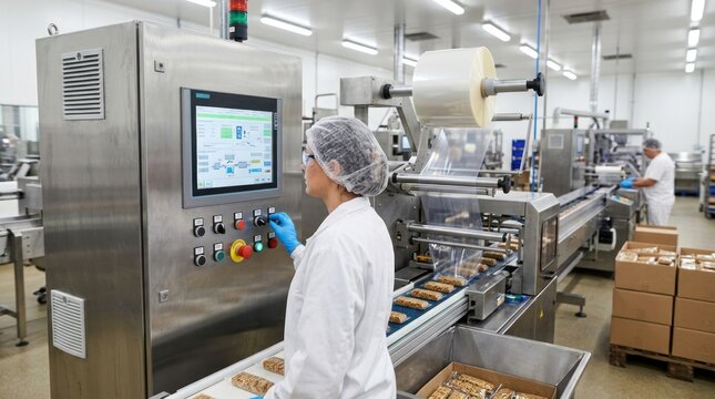 An operator monitors a food packaging line in a modern factory. A woman in a white uniform and blue gloves observes a stainless steel conveyor belt filled with wrapped food products.