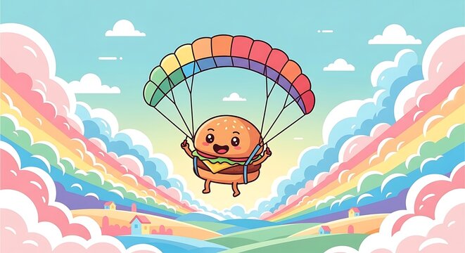 Cartoon illustration featuring a smiling burger with a rainbow parachute descending from a sky filled with colorful clouds