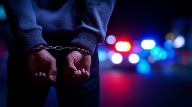 Person in handcuffs with police lights in background, symbolizing crime, arrest and law enforcement.