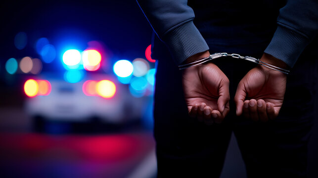 Person in handcuffs with police lights in background, symbolizing crime, arrest and law enforcement.