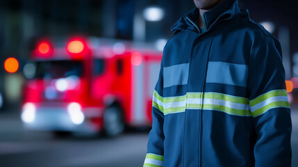 Fototapeta premium Firefighter in protective gear with fire truck in background, symbolizing emergency response and public safety.
