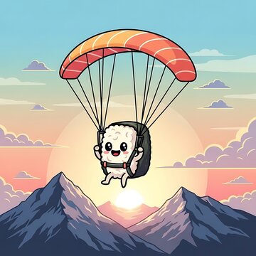 Cartoon sushi character joyfully skydiving with a salmon-colored parachute amidst a colorful sunset over mountains