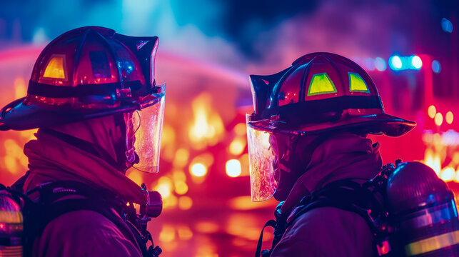 Dedicated firefighters in helmets and gear, facing massive fire with courage and determination, powerful scene of emergency response and selfless service amidst smoke and intense light.