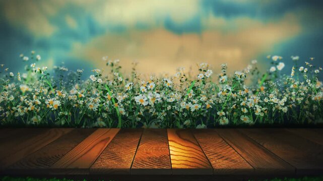 Spring background video loop, with space for products packshot. Empty wooden surface for new products and a floral background with daisy's