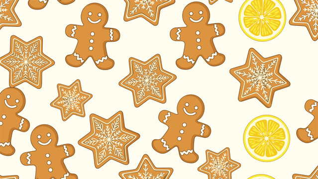 Festive seamless pattern featuring gingerbread men cookies, decorated star cookies, and lemon slices on a pale yellow background.