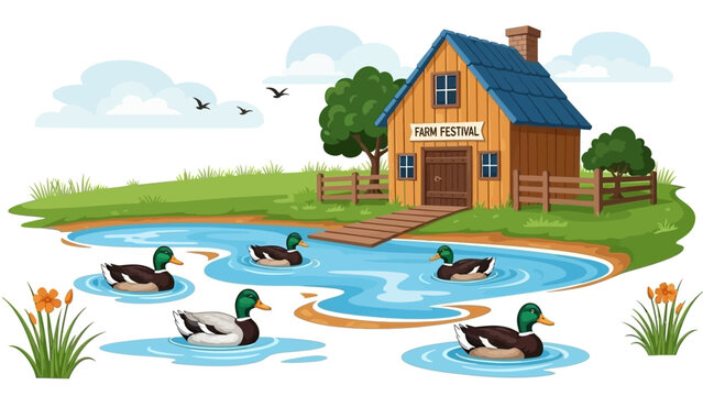 Ducks Swimming in Pond near Cottage.