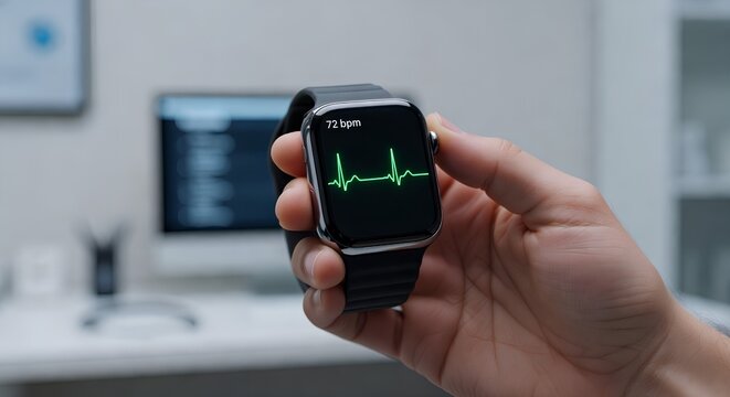 Hand holding medical-grade smartwatch displaying heart rate (72 bpm) and a normal ecg tracing, representing digital health monitoring and wearable technology