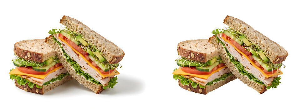 Fresh turkey sandwich on whole grain bread, healthy deli club sandwich with avocado and cheese, nutritious lunch meal isolated on white background