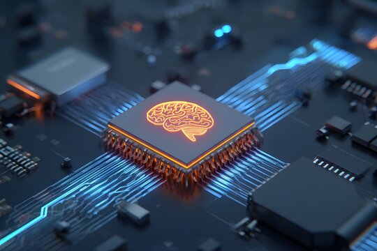 Powerful artificial intelligence microchip featuring glowing orange brain symbol on central processing unit connected by intricate electric circuits for high performance neural network computing