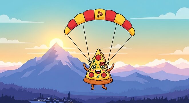 A cartoon pizza slice with a smiling face skydiving from a red and yellow parachute over a mountainous landscape at sunset