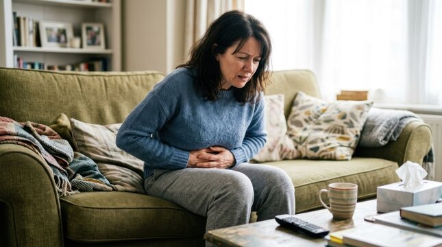 A woman sits hunched on a green sofa, clutching her abdomen in apparent pain. She wears a blue sweater and gray pants.