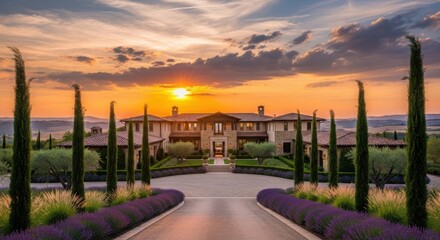 Fototapeta premium Luxury Tuscan Villa at Sunset with Cypress Trees and Lavender Garden