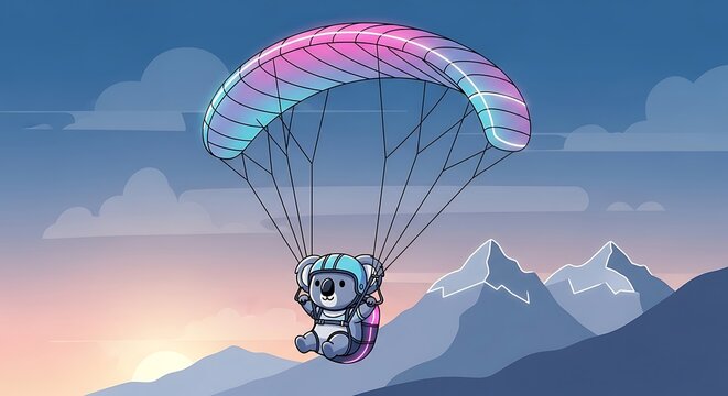 An illustration depicting a cartoon koala bear soaring with a colorful parachute. It is gliding over mountain peaks at sunset