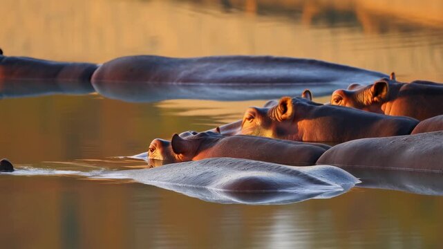 Tracking shot of group of hippos surfacing and floating in river wetland at sunrise golden hour