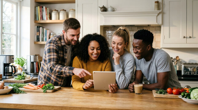 Four diverse friends are gathered around a kitchen island, intently looking at a tablet. They are cooking together, with fresh vegetables and herbs displayed on the countertop.
