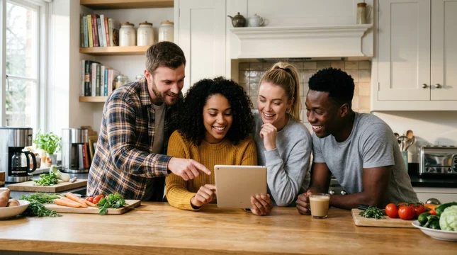 Four diverse friends are gathered around a kitchen island, intently looking at a tablet. They are cooking together, with fresh vegetables and herbs displayed on the countertop.
