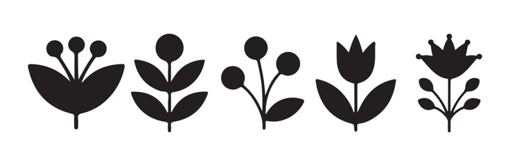 Set of five black botanical silhouettes on white background in simple folk art style © FARJANAAKTER