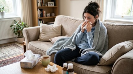 Fototapeta premium A young woman sits on a sofa, wrapped in a blanket and covering her mouth with a tissue while she coughs and sneezes. She appears unwell and is taking medication.