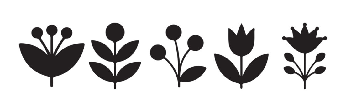 Set of five black botanical silhouettes on white background in simple folk art style