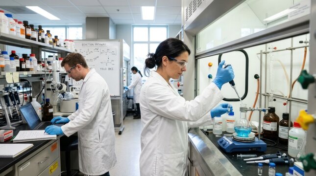 Two scientists work together in a laboratory. A man and a woman, both wearing white lab coats and safety glasses, are carefully handling chemicals and equipment.