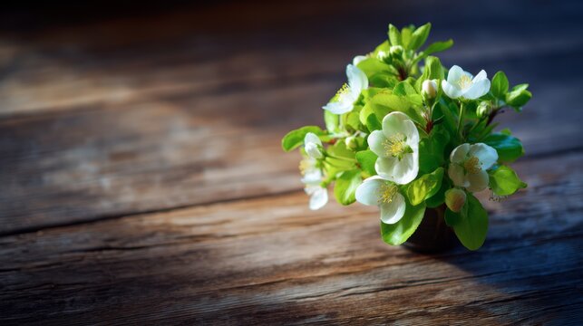 bouquet. Spring floral arrangement with fruit blossoms on a rustic wooden table. gardening catalogs, home-decor guides, designed for gardening and botanical catalogs, enhances decor appeal.
