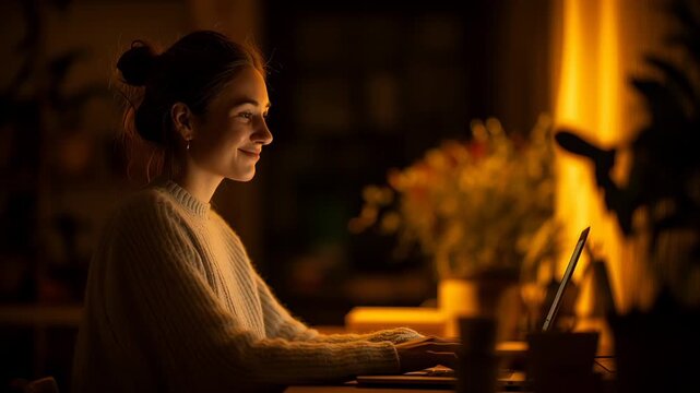 Woman working on laptop at night in cozy warm light representing remote work, focus and modern digital lifestyle