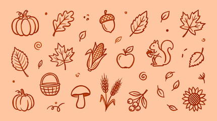 Naklejka premium Autumn harvest doodle icons set with pumpkin acorn corn apple squirrel wheat berries sunflower and leaves on orange background
