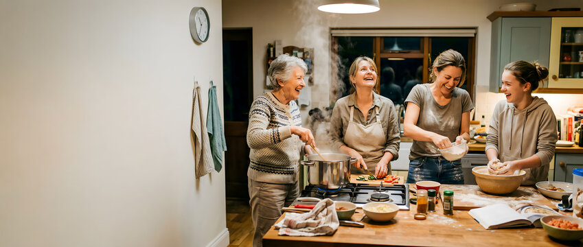 Joyful multi-generational family of women laughing and cooking a meal together in a warm, cozy home kitchen with ample copy space.