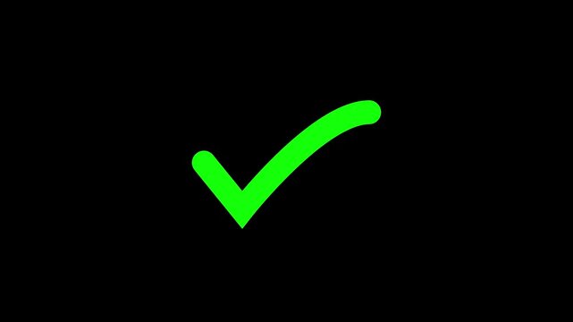 Green check mark symbol on black background. Standard green check mark for success. Bold green check mark icon for correct answers and verified status indicators.