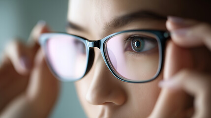 Fototapeta premium Woman adjusting eyeglasses with sharp focus on eyes, representing vision care, clarity and modern lifestyle.