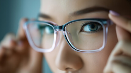 Fototapeta premium Woman adjusting eyeglasses with sharp focus on eyes, representing vision care, clarity and modern lifestyle.