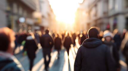 Crowd of people walking toward bright sunlight in a city street, representing urban lifestyle, movement and direction.