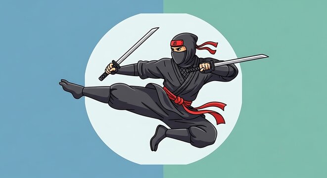 A cartoon ninja in a dynamic pose, executing a mid-air kick and holding two silver katanas. The figure is set against a simple, colorful background