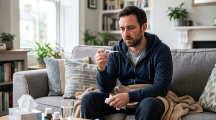 Fototapeta premium A man sits on a gray couch, holding a thermometer and looking unwell. He is wearing a blue hoodie and appears to be experiencing a fever.