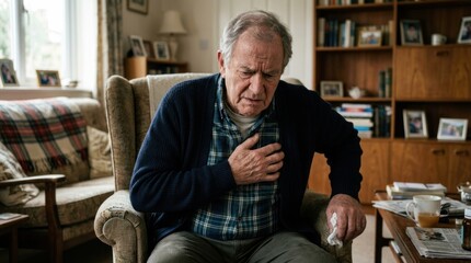 Fototapeta premium An elderly man sits in an armchair, clutching his chest and holding a tissue. He appears to be experiencing chest pain.