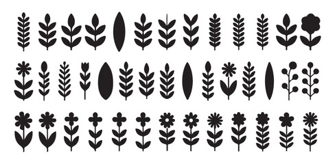 Obraz premium Botanical elements and floral icons in black silhouette for graphic design projects