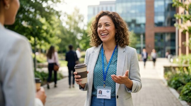 A smiling woman in a blazer and lanyard is engaged in a conversation with another woman outdoors. The two women are standing on a sidewalk next to a building.
