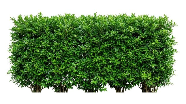 A neatly trimmed boxwood hedge is isolated against a white background. The dense green foliage creates a structured and formal appearance.