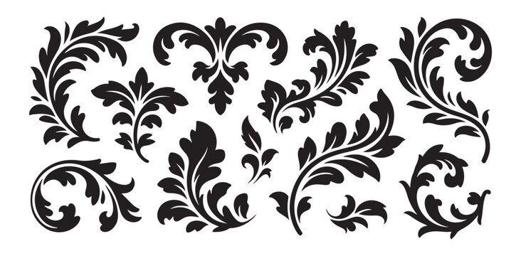 Damask floral patterns with baroque scroll elements and vintage classic foliage silhouettes