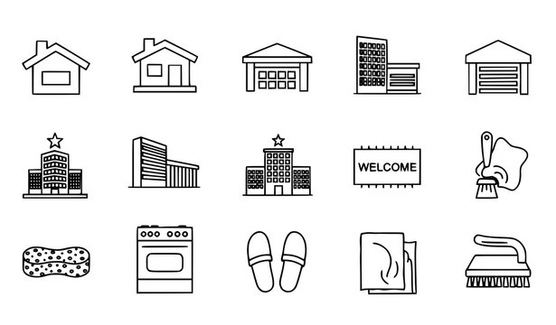 Modern outline icon collection with home architecture and cleaning symbols in thin line style vector